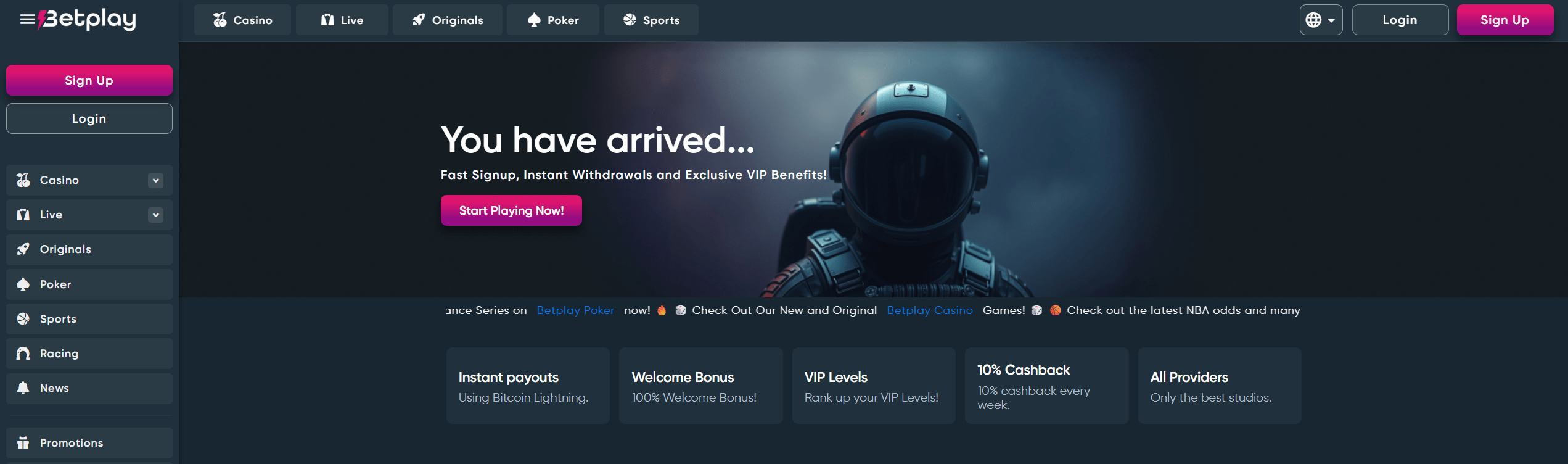 Betplay frontpage with USP's displayed. Instant payouts, welcome bonus, cashback and more