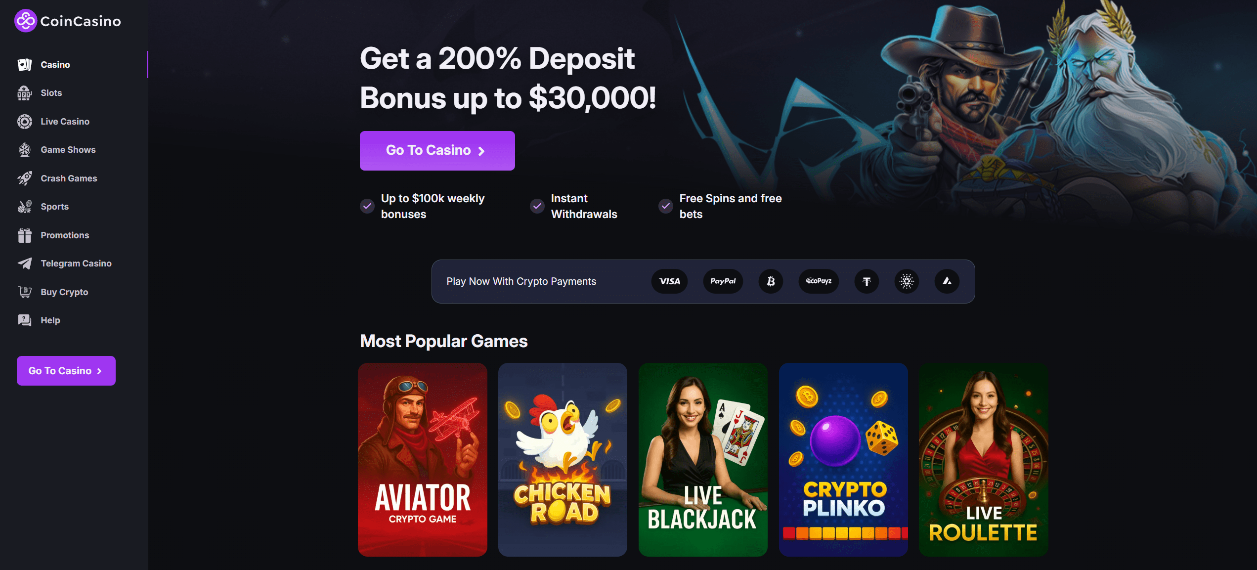 CoinCasino frontpage with a banner displaying their welcome bonus and their most popular games